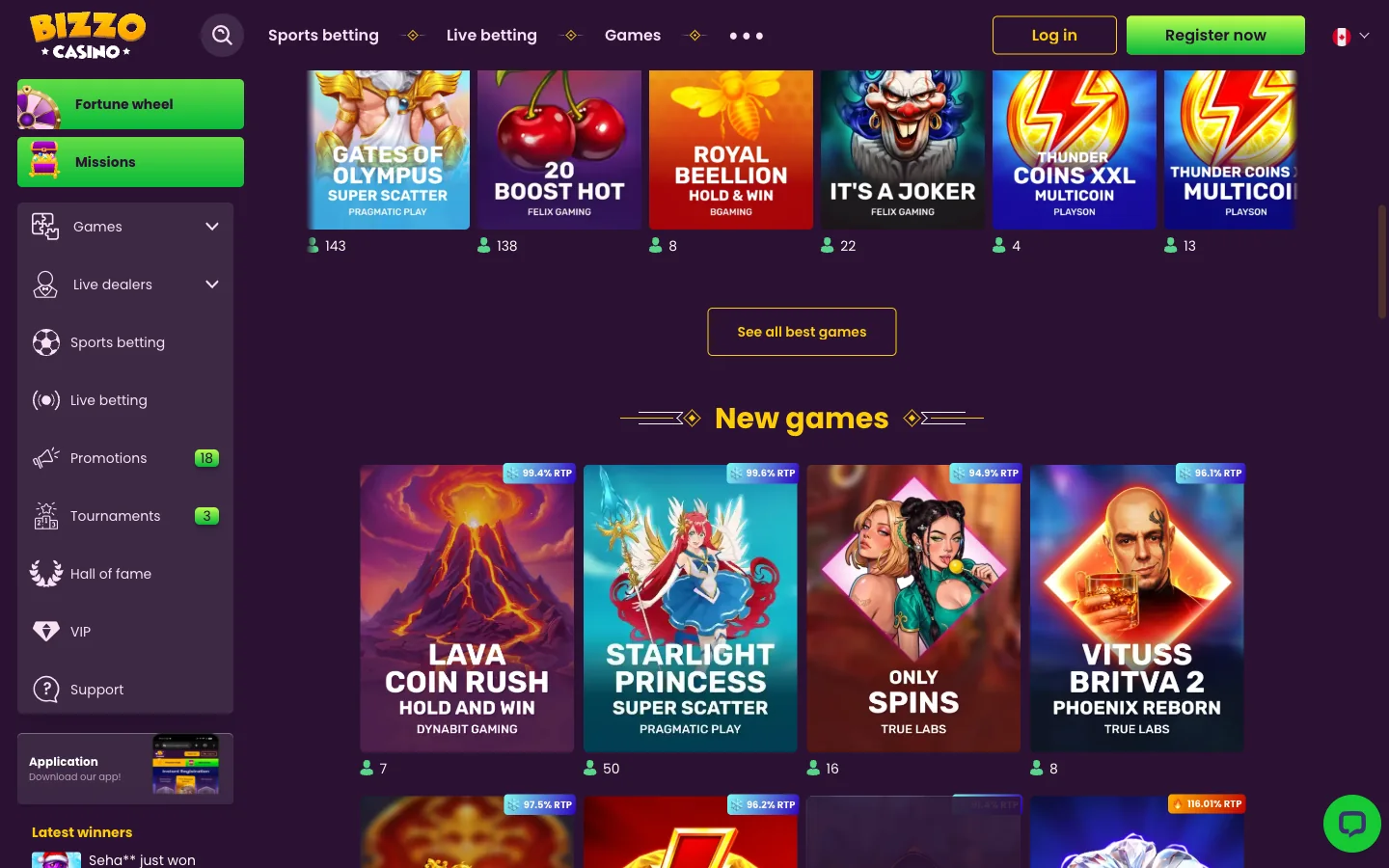 Bizzo Casino slots grid for Canada showing live RTP badges above 100% on the Best games and New games rows