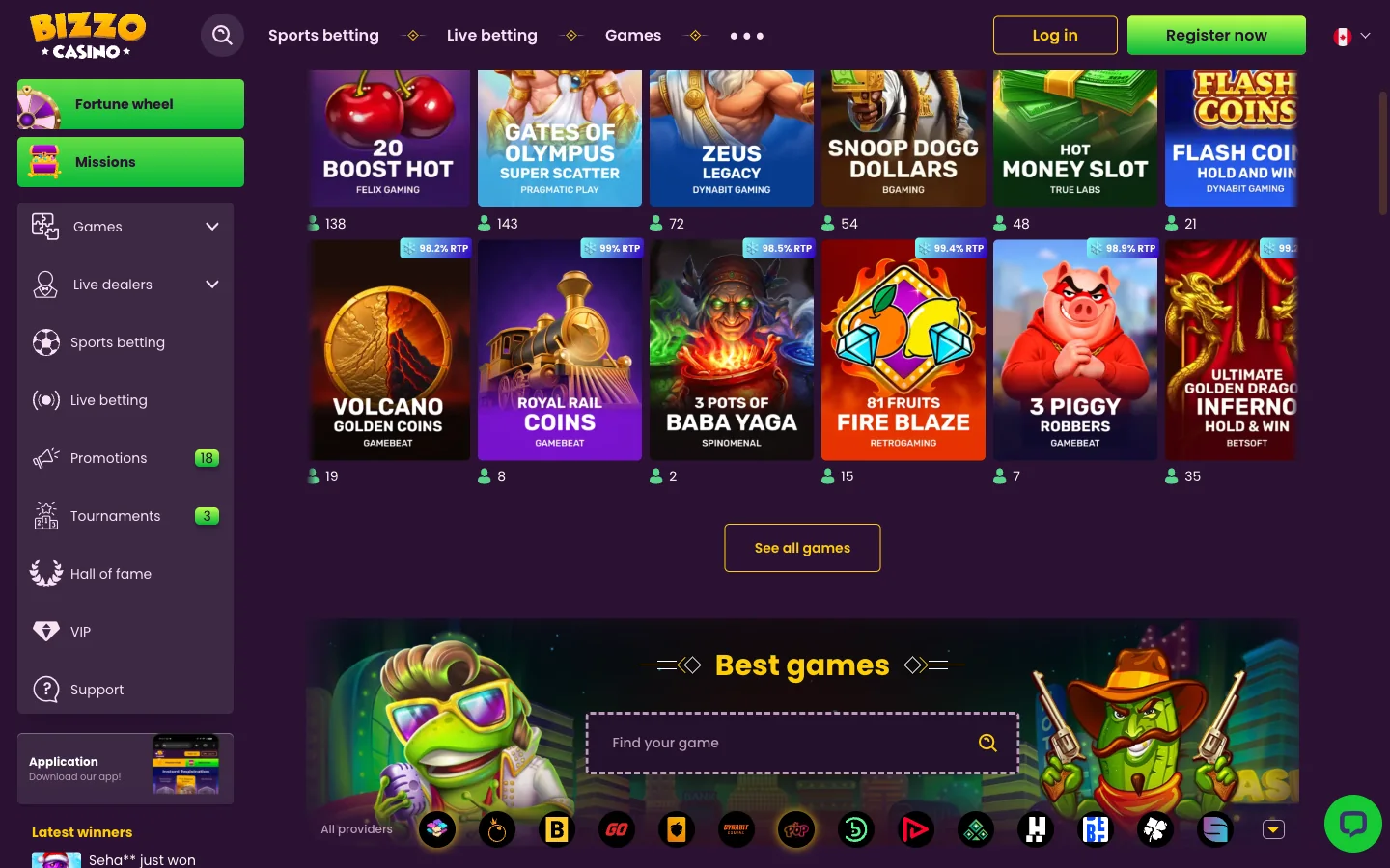 Bizzo Casino slots lobby for Canada with live RTP badges and player counts on the game tiles as seen in the app